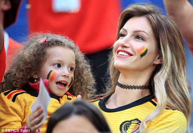 Rafael Szabo, wife of Belgium's Axel Witzel, shows her support during the first semi-final of the World Cup 