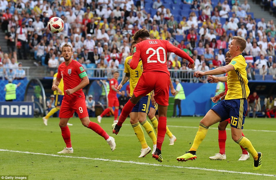 Dele Alli rises above the Swedish defence to score England's second header against Sweden in the quarter final clash