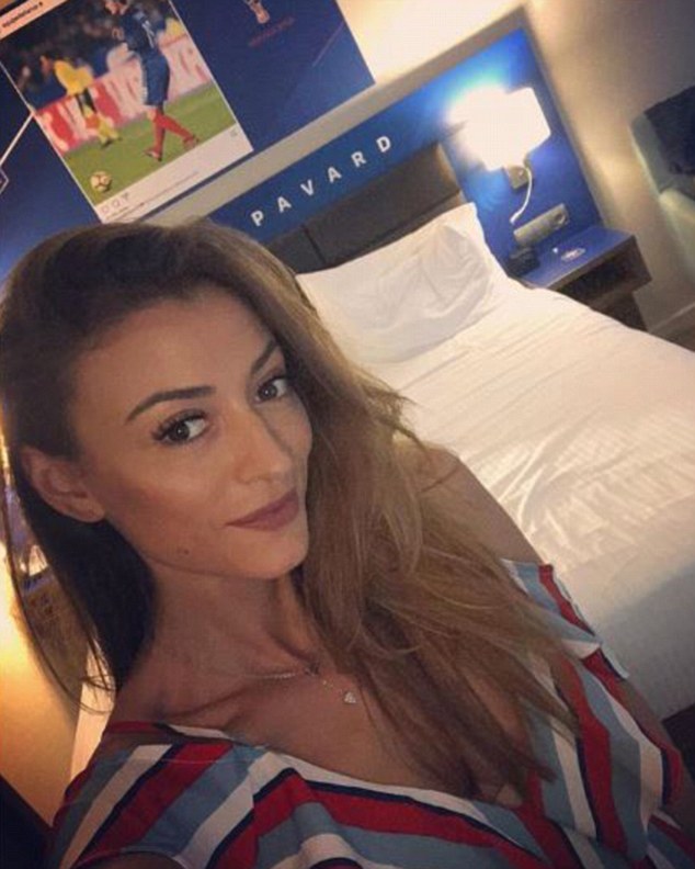 Benjamin Pavard's girlfriend Rachel Legrain-Trapani shared a selfie wearing a red, white and blue dress in her Moscow hotel room