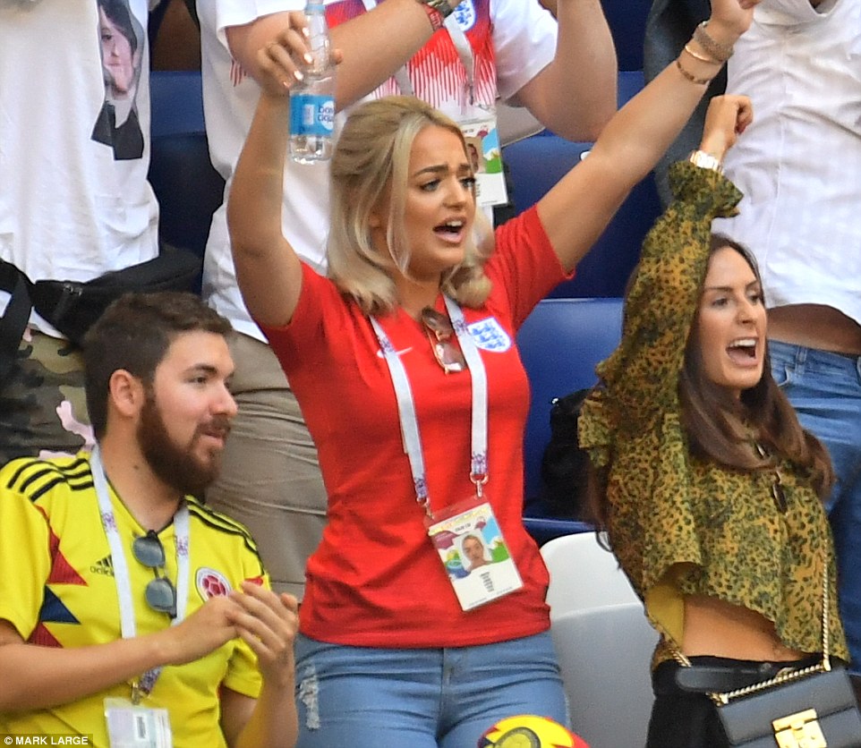 Ecstatic: Goalkeeper Jordan Pickford's girlfriend Megan Davison celebrates England's quarter-final goal
