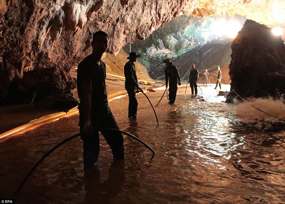 Thai military personnel inside a cave complex during the ongoing rescue operations for the youth soccer team and their assistant coach, at Tham Luang cave in Khun Nam Nang Non Forest Park
